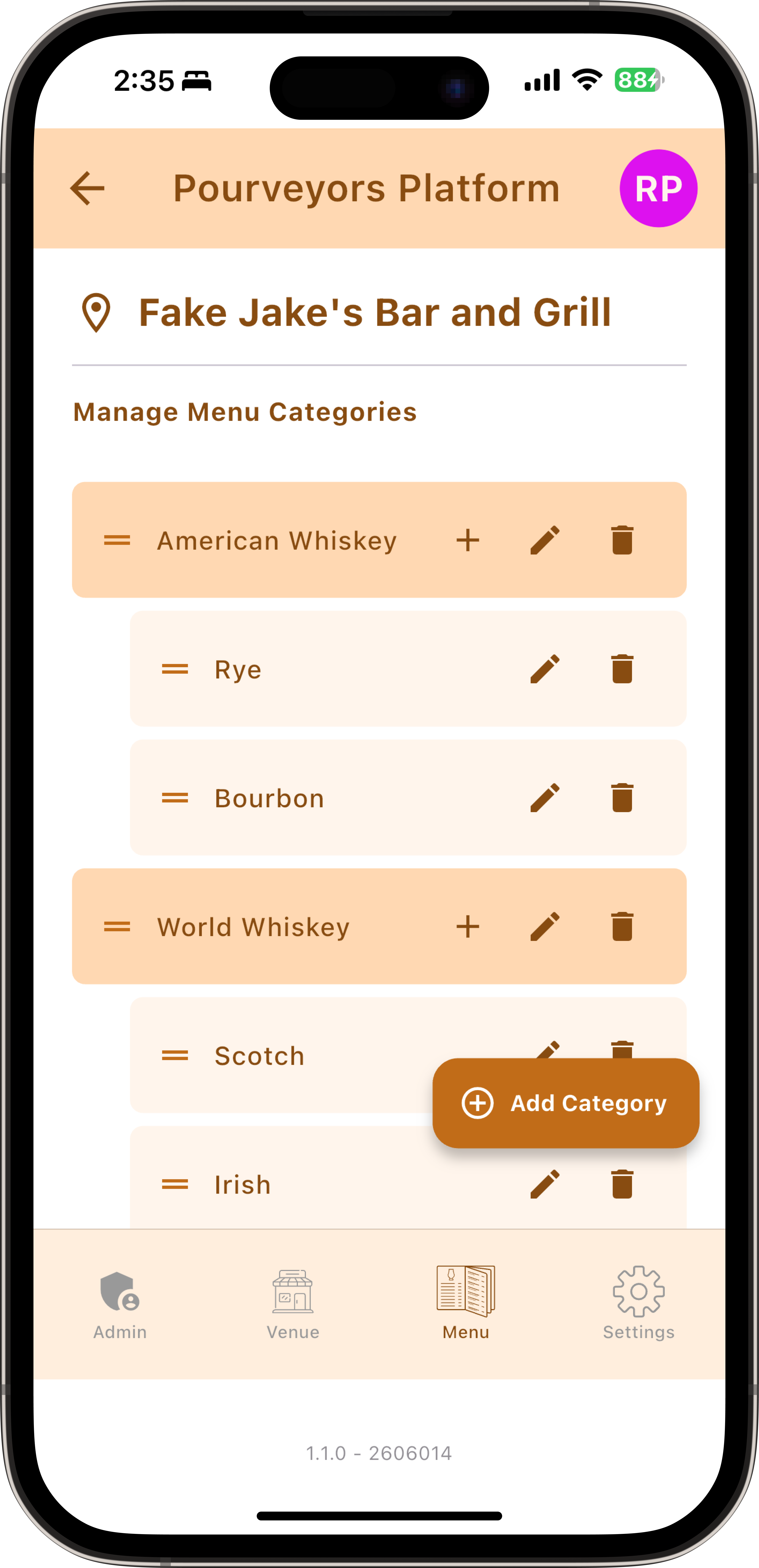Menu categories
