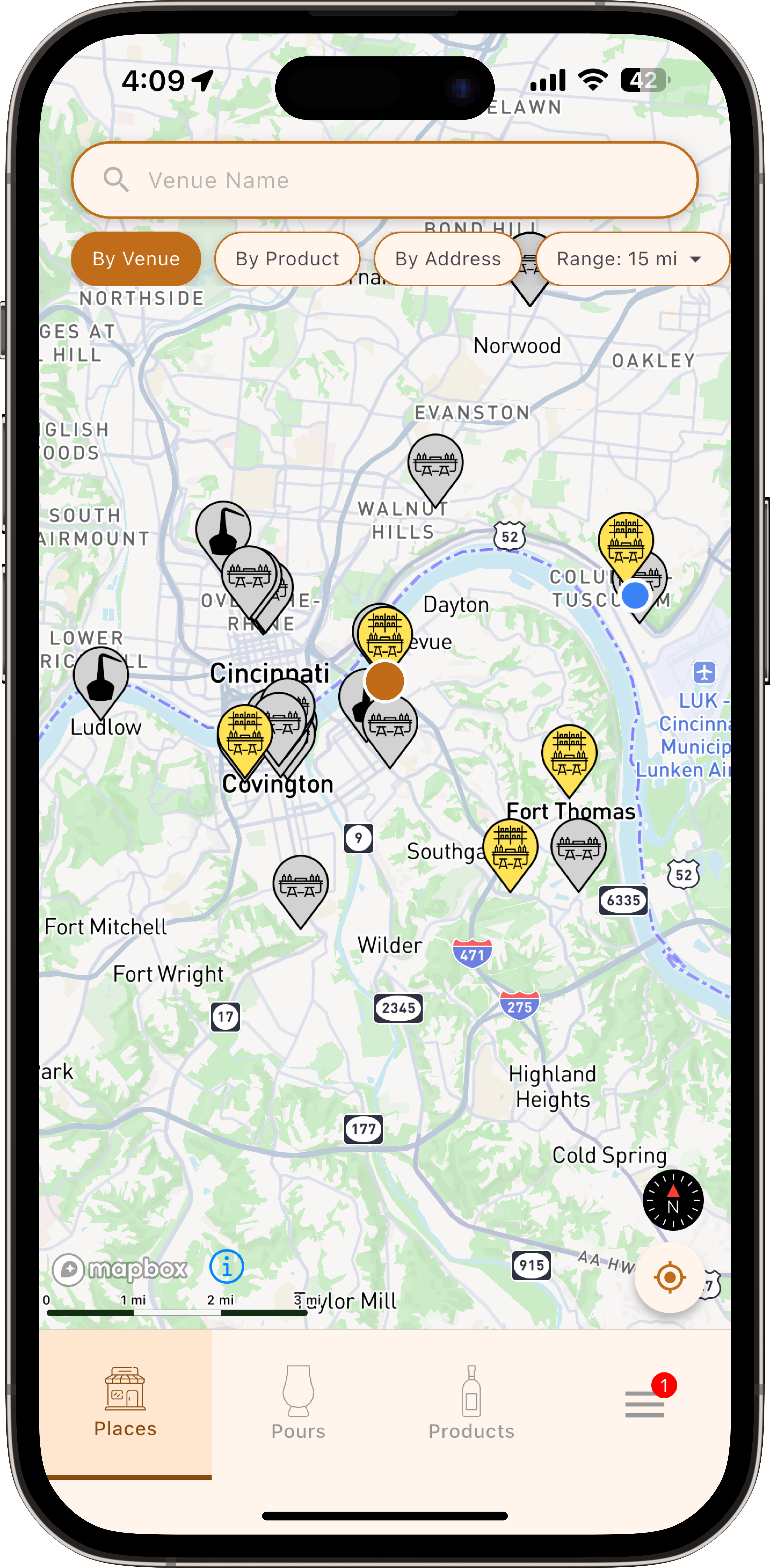 PourlyDone Places tab — map showing nearby venues
