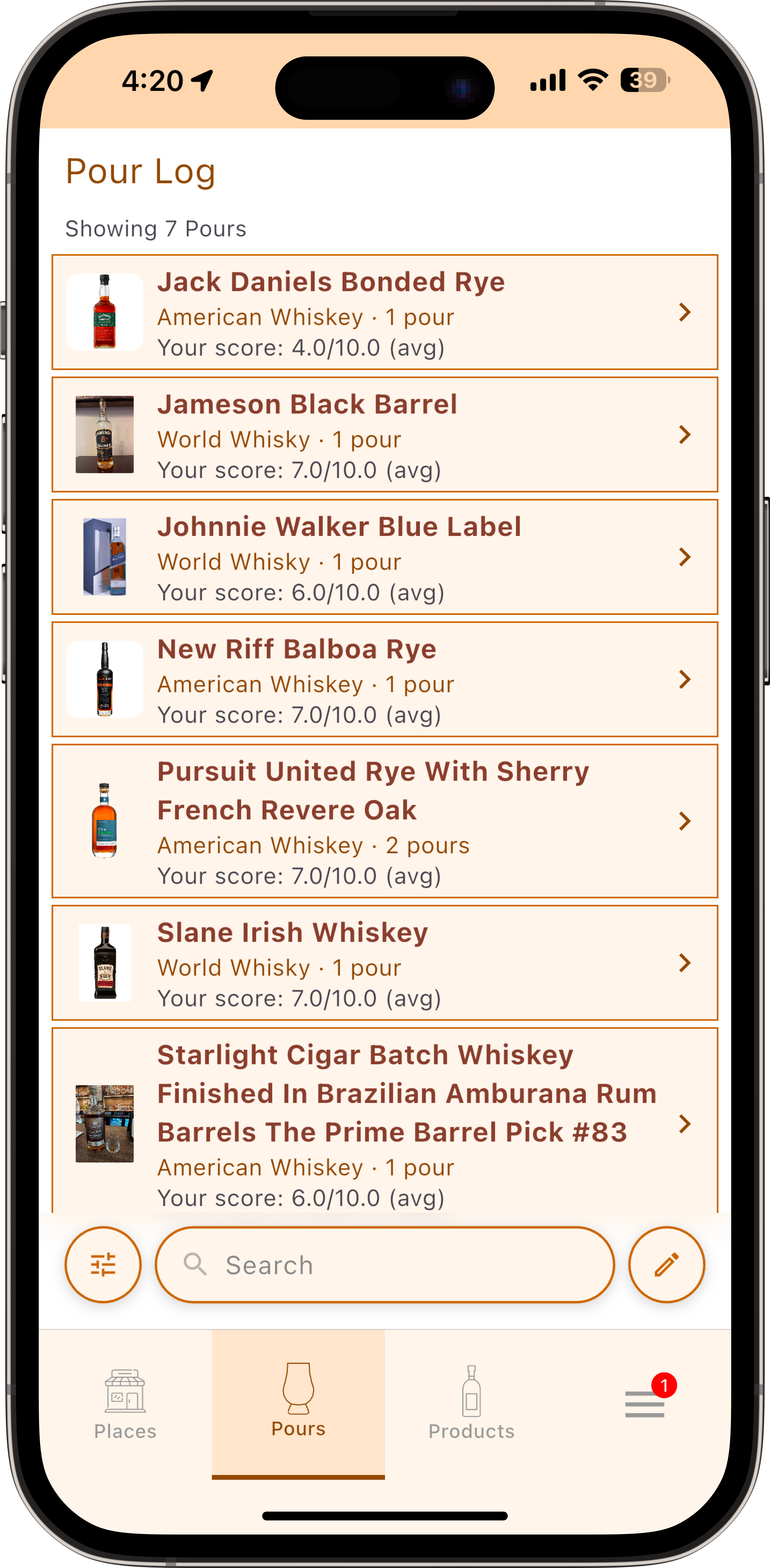 PourlyDone Pours tab — pour log and rating screen