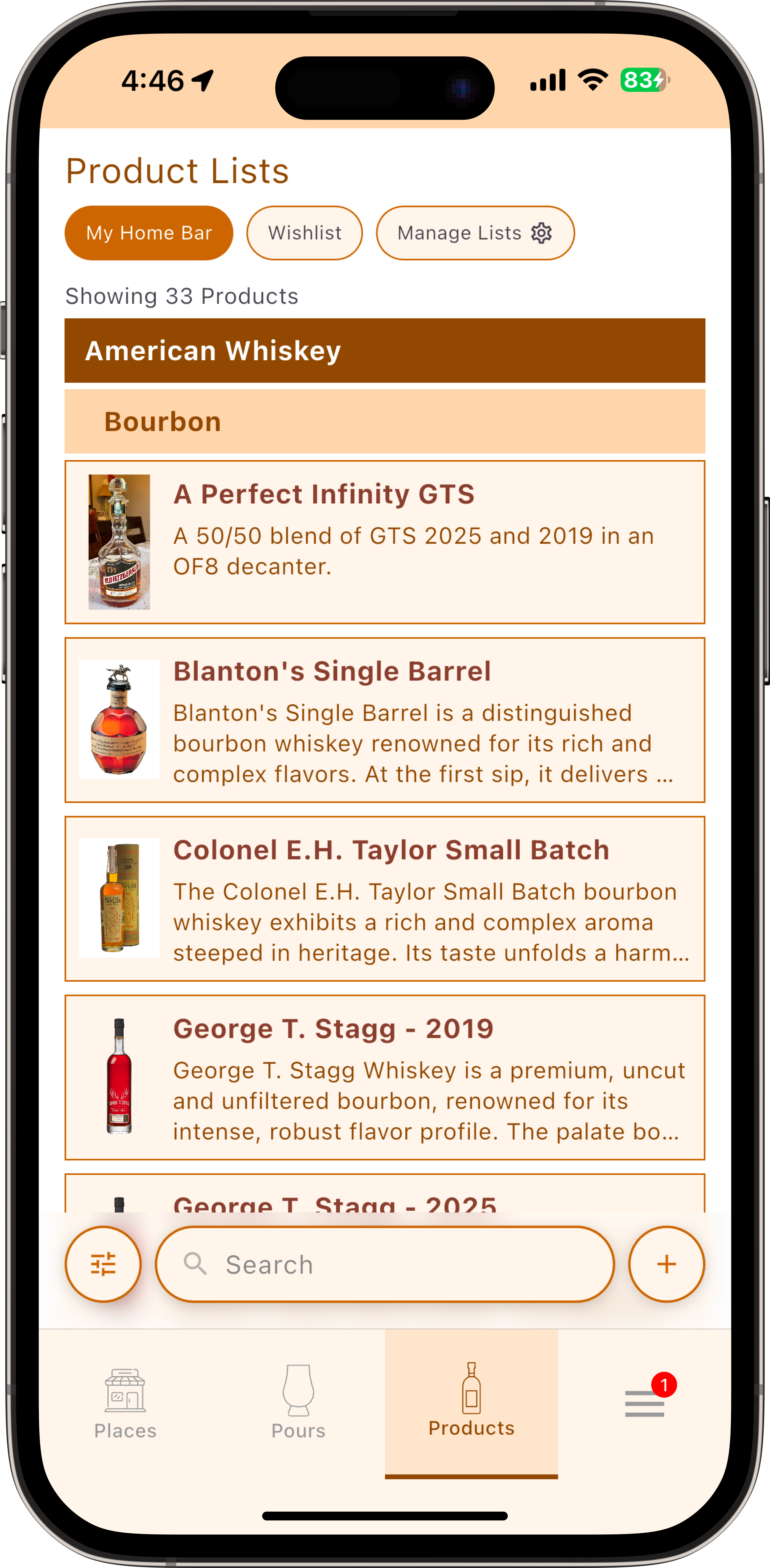 PourlyDone Products tab — home bar inventory list